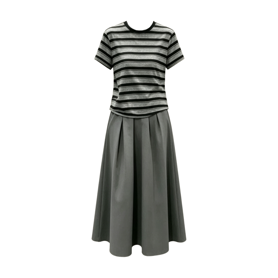 FINDSME GAGA Two Piece Skirt Sets Women's Crew Neck Thin Midi Skirt