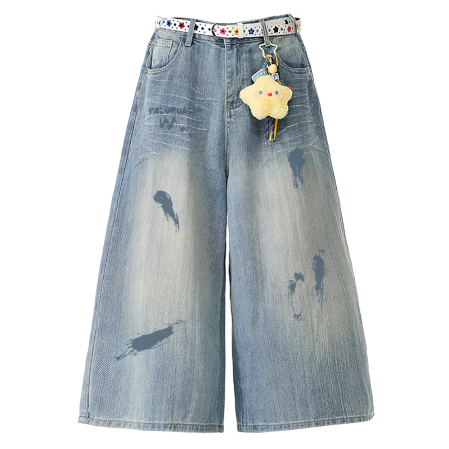 PAL ONGACO Denim Shorts Unisex Blue Moderate Wide Leg Pants