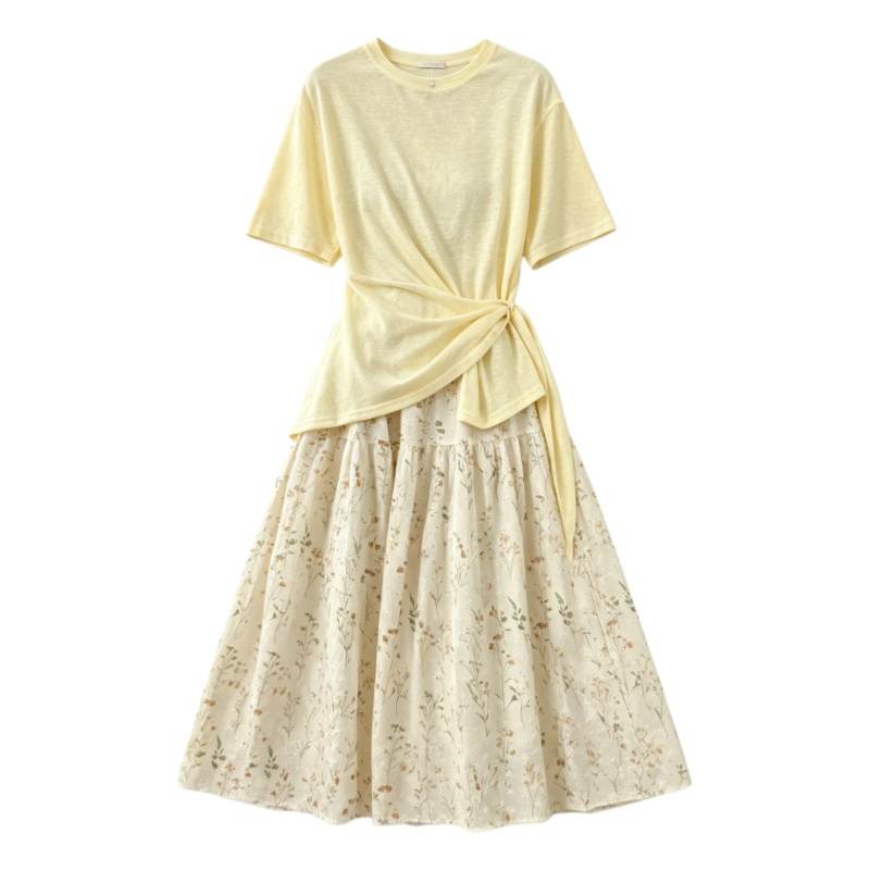 CPAURA Two Piece Skirt Sets Women's Crew Neck Moderate Long Skirt
