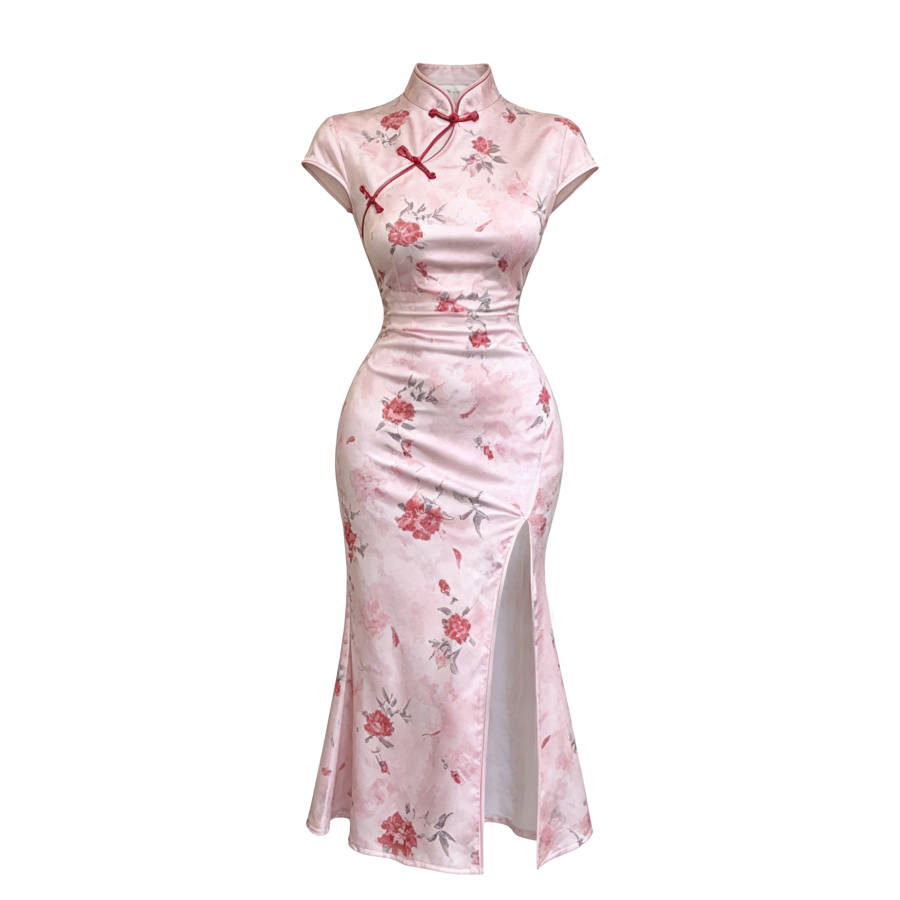 CPAURA Short Sleeved Dresses Women's Multicolor Stand Collar Moderate Long Skirt Bodycon Skirt