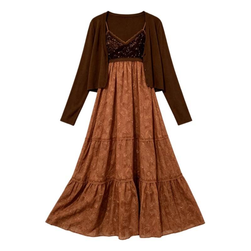 CPAURA Two Piece Skirt Sets Women's Camisole Moderate Long Skirt