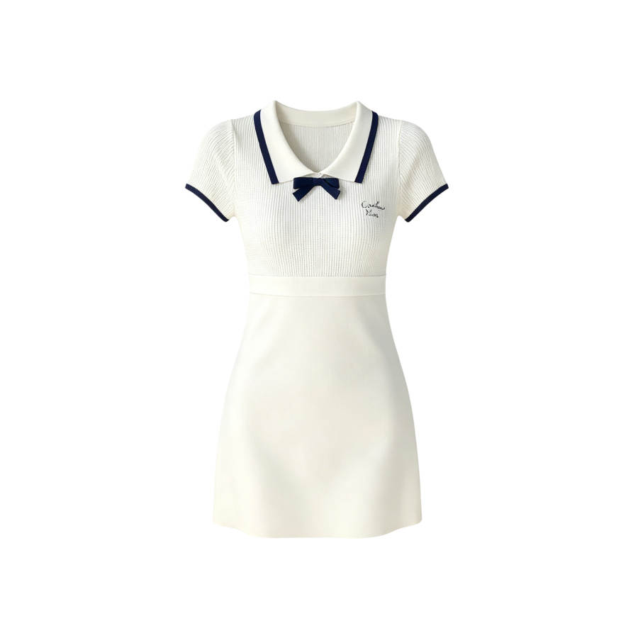 TUSHIFEI Short Sleeved Dresses Women's Apricot & Navy Blue Polo Collar Moderate Short Skirt A Line Skirt
