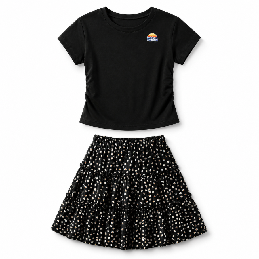 MostwantedLab Two Piece Skirt Sets Women's Black Crew Neck Thin Short Skirt