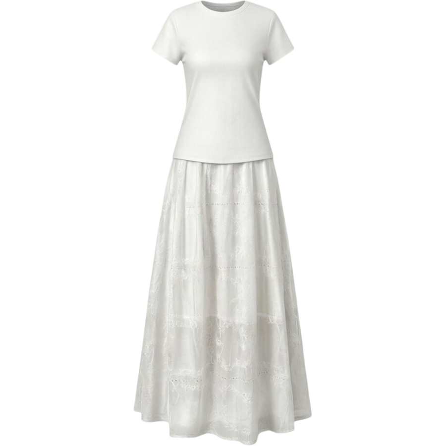 CHARM GLOW Two Piece Skirt Sets Women's Crew Neck Moderate Long Skirt