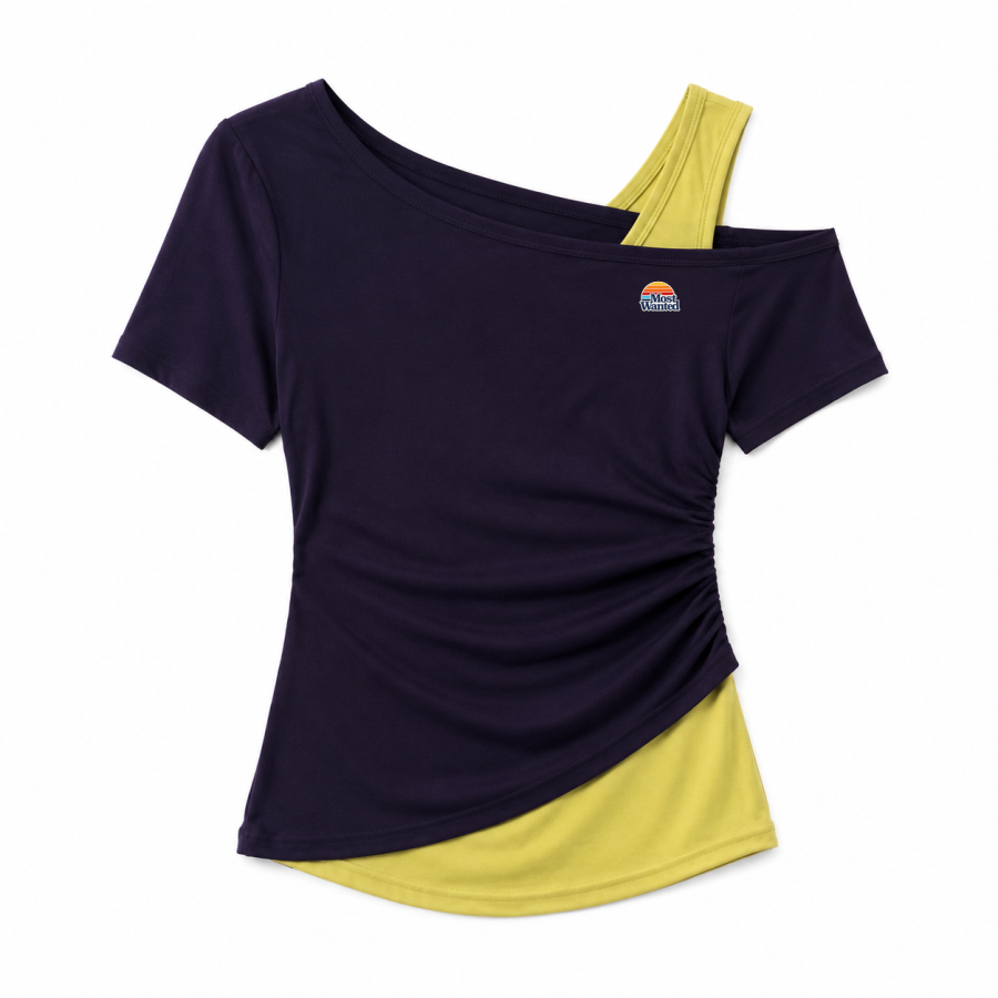 MostwantedLab T Shirts Women's Dark Purple Asymmetrical Collar Thin Nipped In Waist