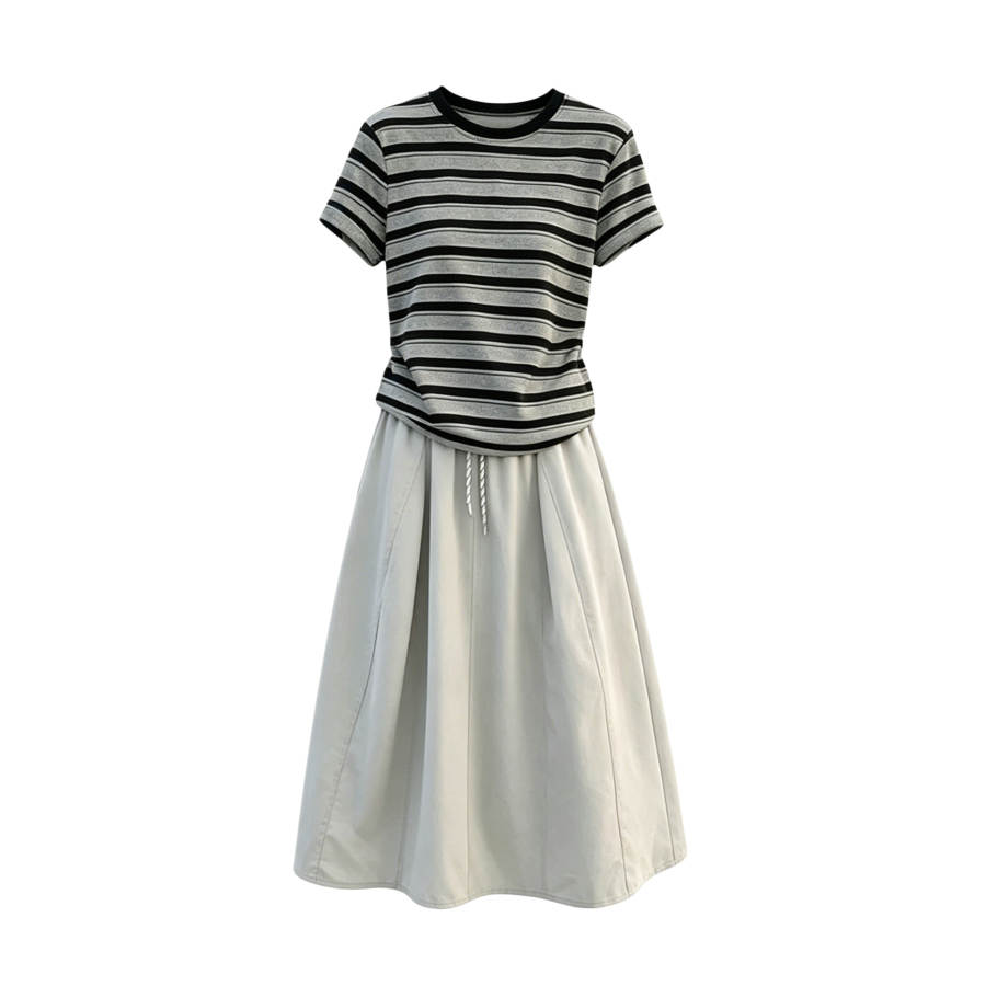 TUSHIFEI Two Piece Skirt Sets Women's Crew Neck Moderate Midi Skirt