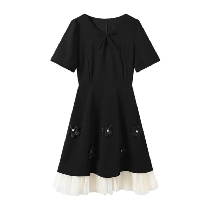 CPAURA Short Sleeved Dresses Women's Black V Neck Moderate Short Skirt A Line Skirt