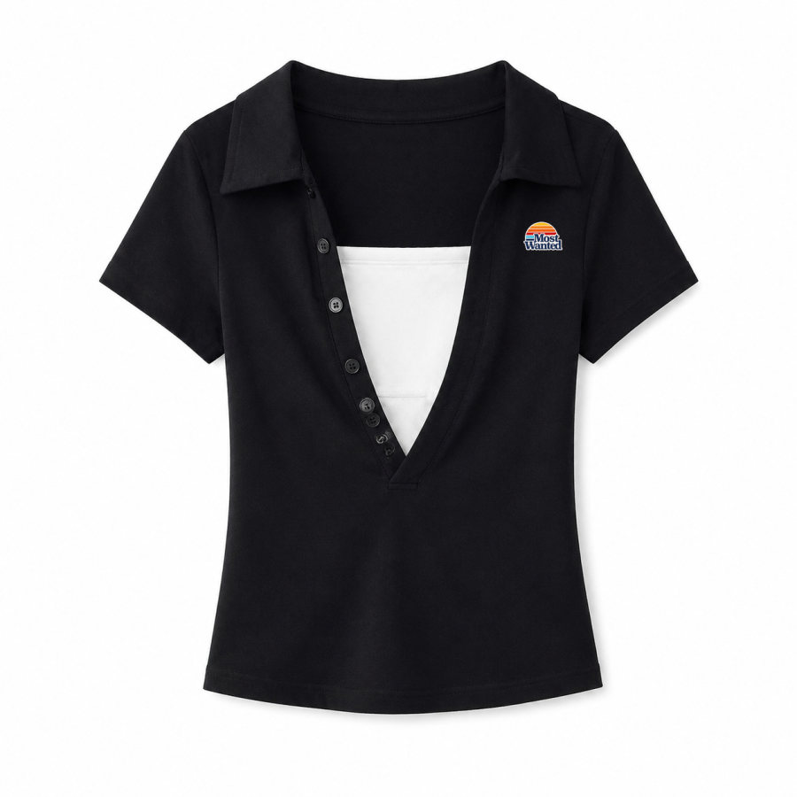 MostwantedLab T Shirts Women's Black Polo Collar Thin Nipped In Waist
