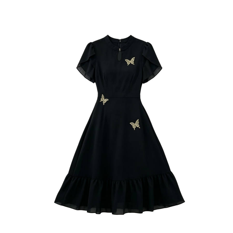 CPAURA Short Sleeved Dresses Women's Black Moderate Long Skirt A Line Skirt