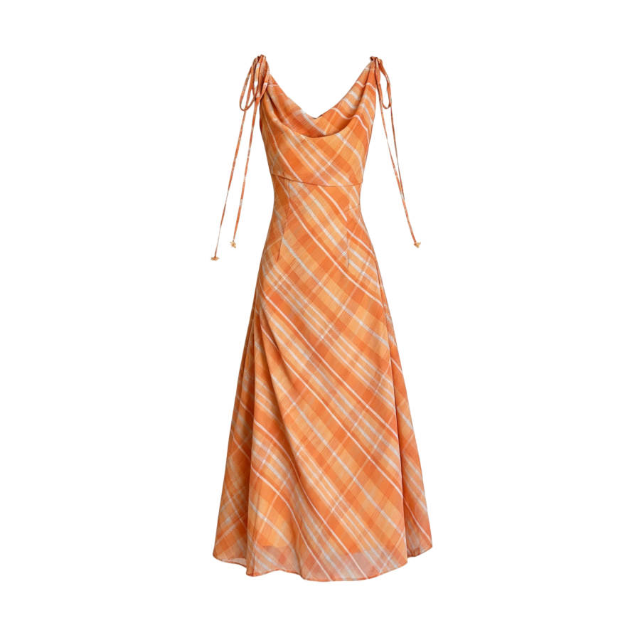 TUSHIFEI Slip Dresses Women's Orange Plaid Moderate Midi Skirt A Line Skirt