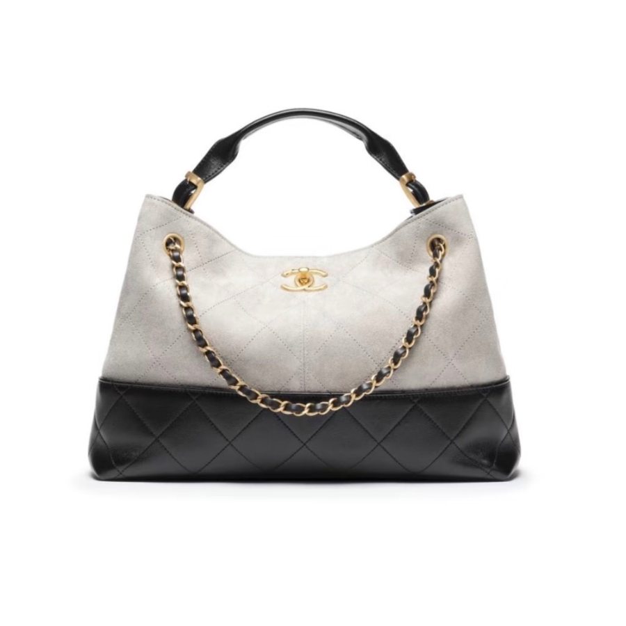 CHANEL Suede Calfskin With Shiny Sheepskin Handbag Small Women's Khaki & Black