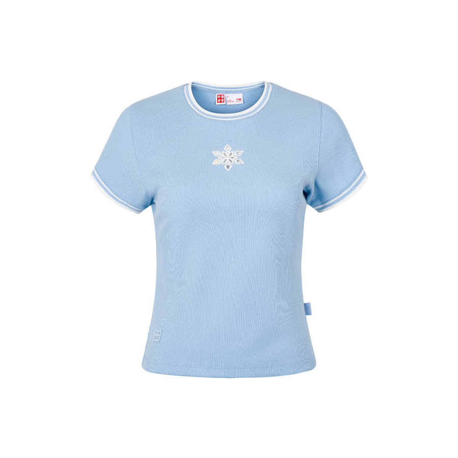 Li-Ning Li Ning T Shirts Women's Pink/Blue Crew Neck Moderate Straight Fit