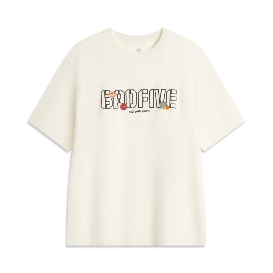 Li-Ning Li Ning Basketball Collection T Shirts Men's Ecru Crew Neck Moderate Straight Fit