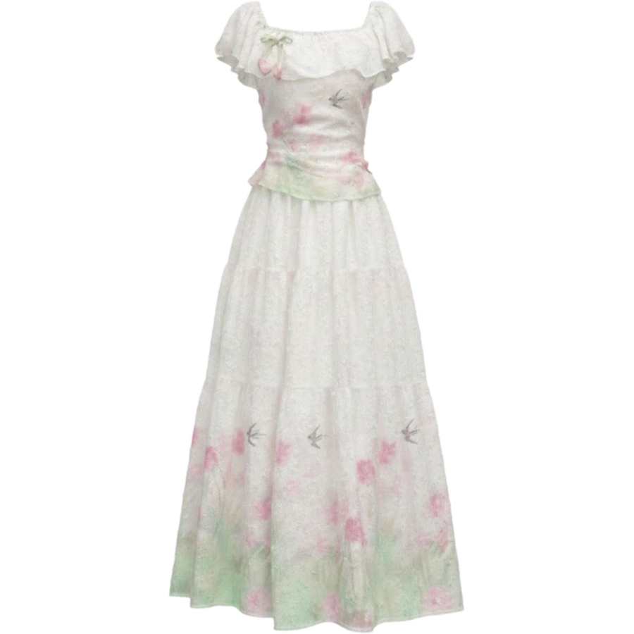 CHARM GLOW Two Piece Skirt Sets Women's Crew Neck Moderate Long Skirt