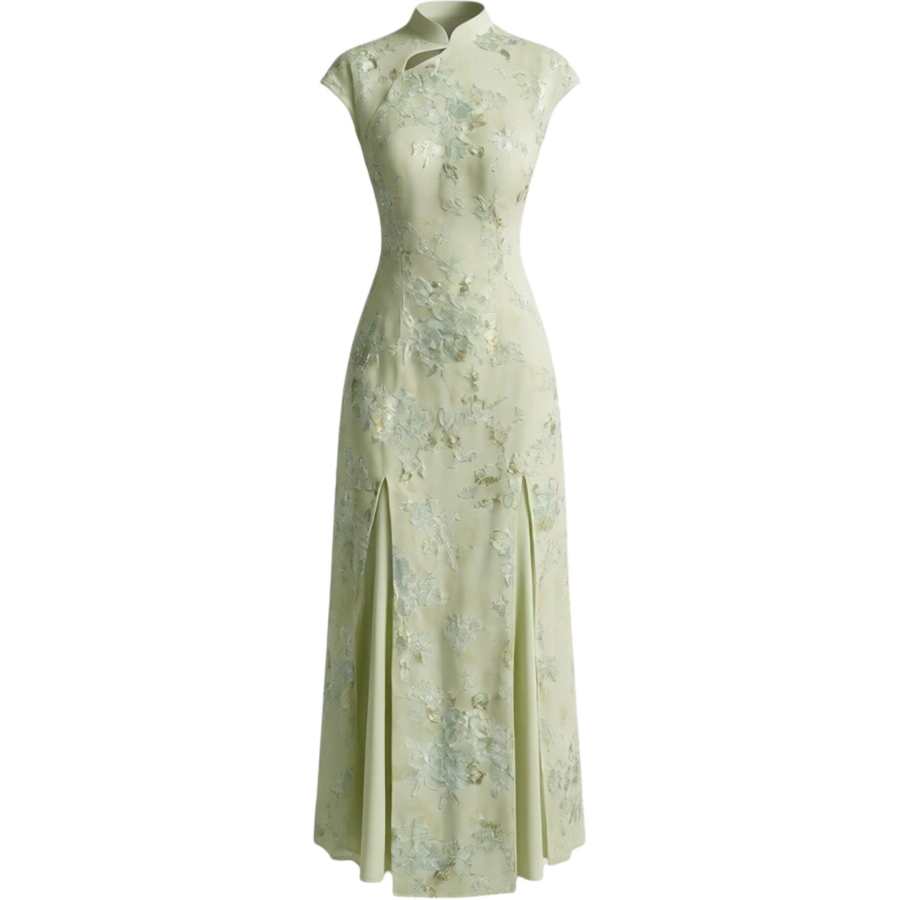 CHARM GLOW Short Sleeved Dresses Women's Light Green Stand Collar Moderate Long Skirt Bodycon Skirt