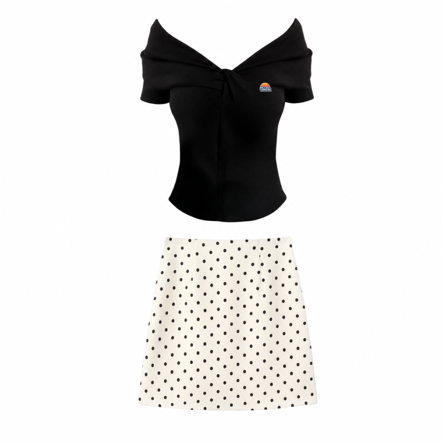 MostwantedLab Two Piece Skirt Sets Women's Polka Dot Clothing Sets Boat Neck Thin Short Skirt