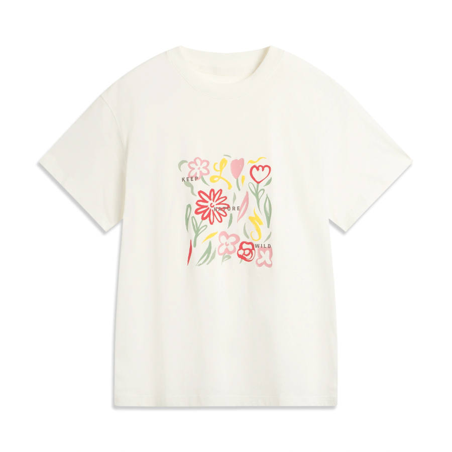 Li-Ning Li Ning Sports Life Collection T Shirts Women's Ivory Crew Neck Moderate Straight Fit
