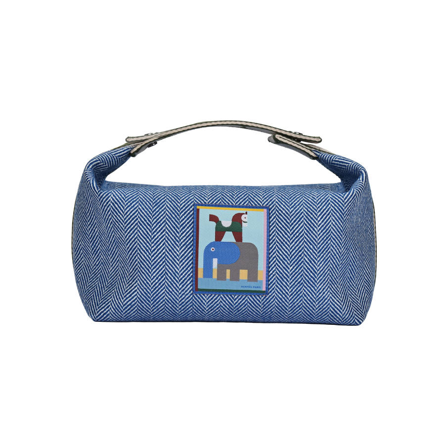 HERMES Silver Tone Buckle Wool Travel Storage Bag 26 Women's Gypsy Blue