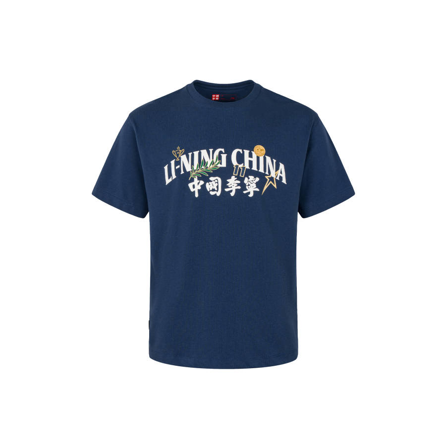 Li-Ning Li Ning T Shirts Unisex Dark Simple Blue Crew Neck