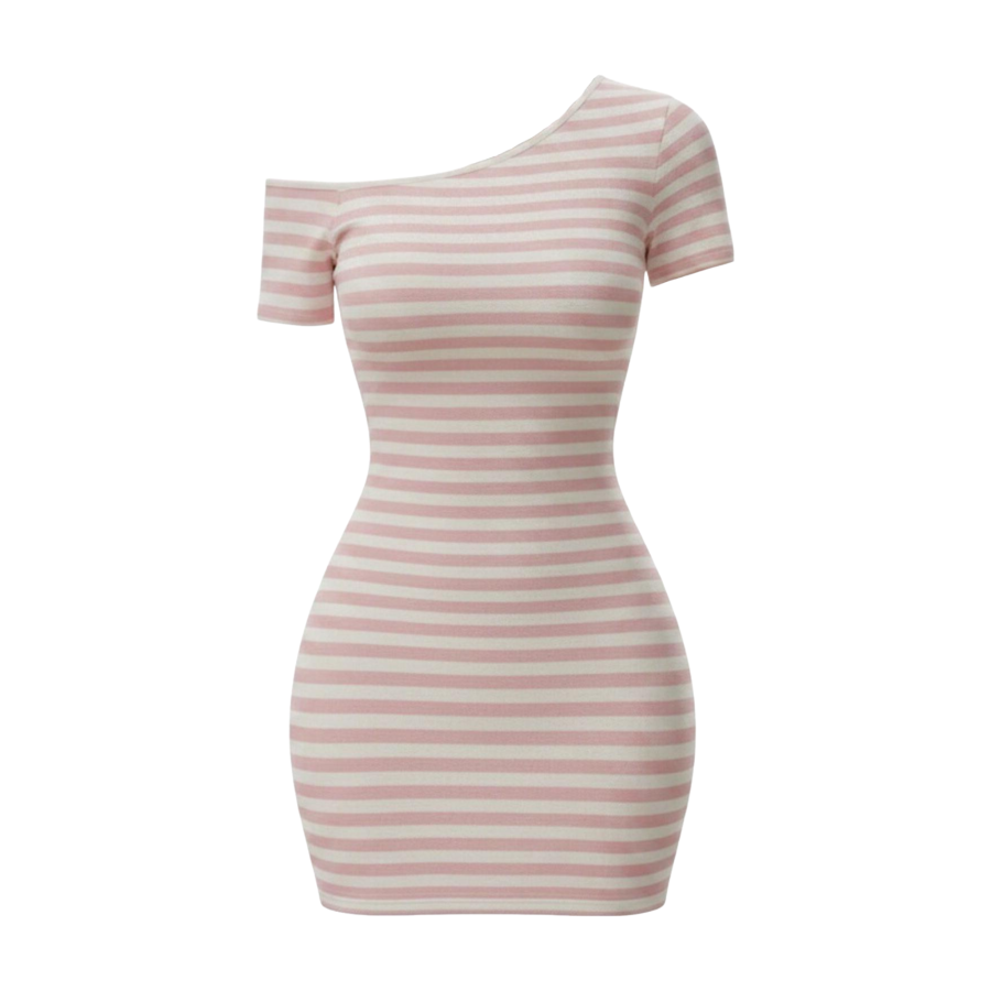 FINDSME GAGA Short Sleeved Dresses Women's Pink Stripes Asymmetrical Collar Thin Short Skirt Bodycon Skirt