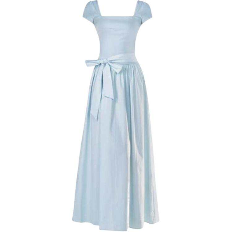 CHARM GLOW Short Sleeved Dresses Women's Blue Square Collar Moderate Long Skirt A Line Skirt