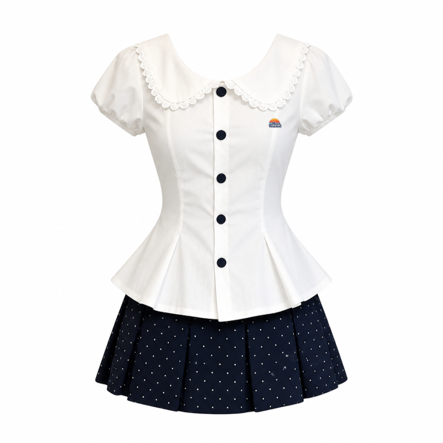 MostwantedLab Two Piece Skirt Sets Women's Peter Pan Collar Thin Short Skirt