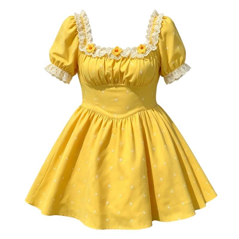 CPAURA Short Sleeved Dresses Women's Short Skirt Square Collar Moderate Short Skirt A Line Skirt