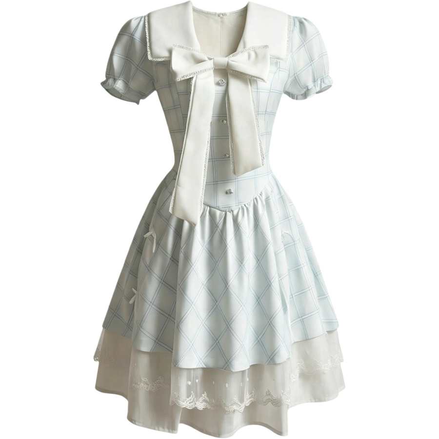 CHARM GLOW Short Sleeved Dresses Women's Blue Polo Collar Moderate Short Skirt A Line Skirt
