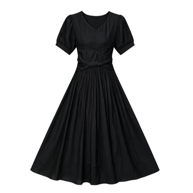 CPAURA Short Sleeved Dresses Women's V Neck Moderate Long Skirt A Line Skirt