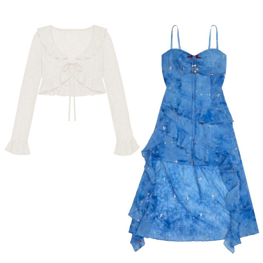 FABRIC PIG Two Piece Skirt Sets Women's Long Sleeved Cardigan+Camisole Dress V Neck Thin Short Skirt