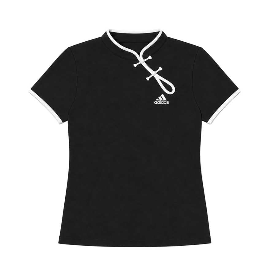 Adidas Adidas MUST HAVES T Shirts Women's Black Cheongsam Collar Moderate Nipped In Waist