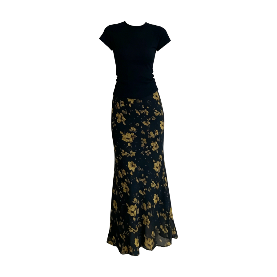 FINDSME GAGA Two Piece Skirt Sets Women's Crew Neck Thin Long Skirt
