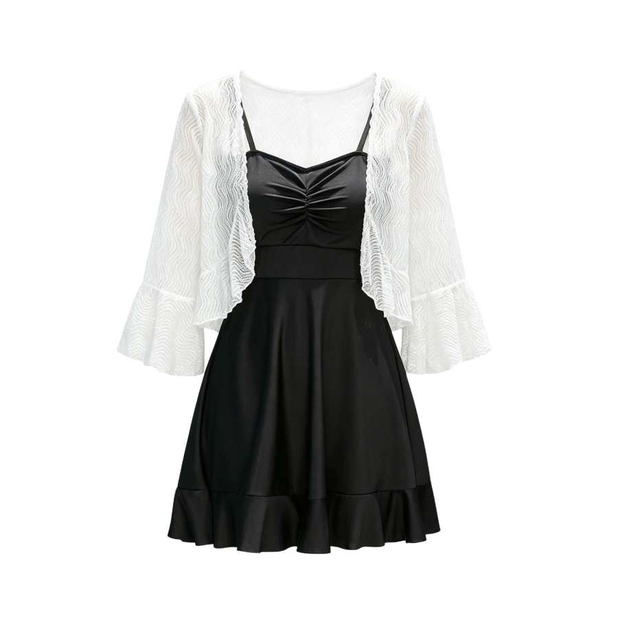 Sugarfunk One Piece Swimsuits Women's Black V Neck Thin Short Skirt One Piece Swimsuit