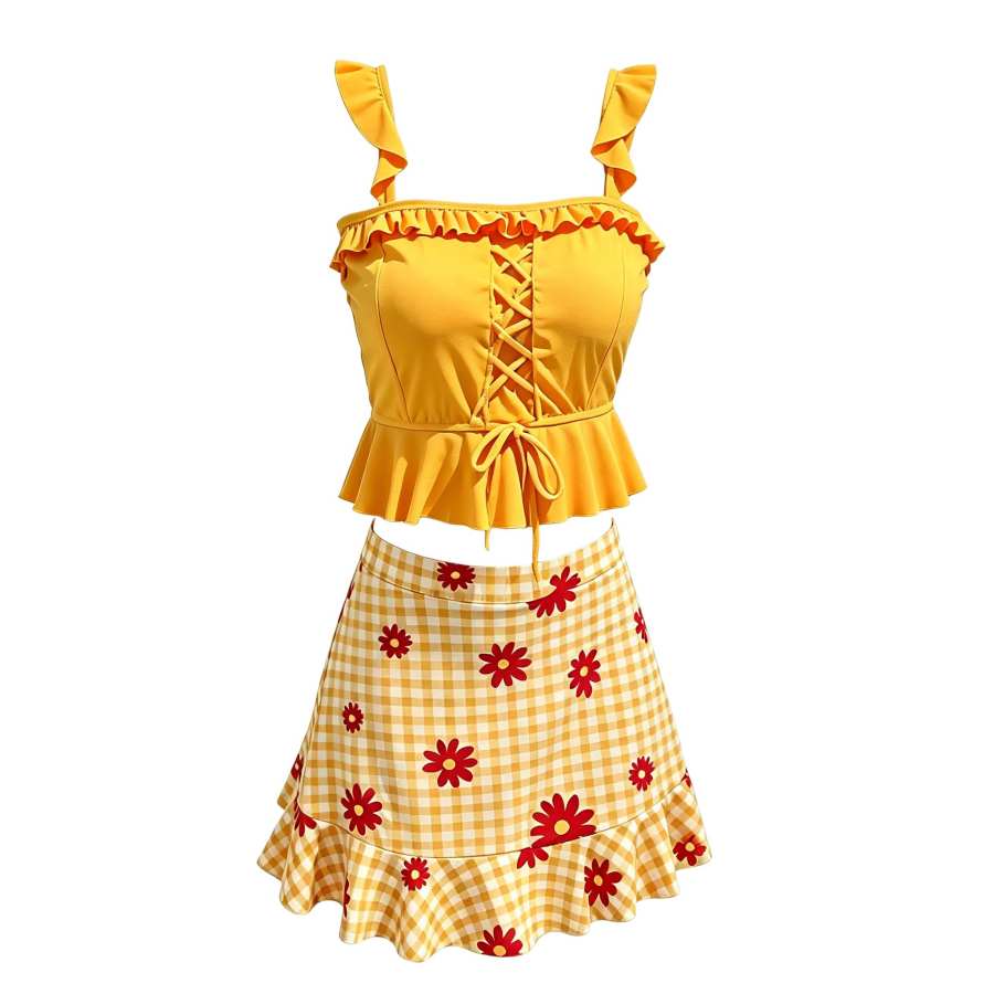Sugarfunk Two Piece Swimsuits Women's Yellow Camisole Thin Short Skirt Two Piece Swimsuit
