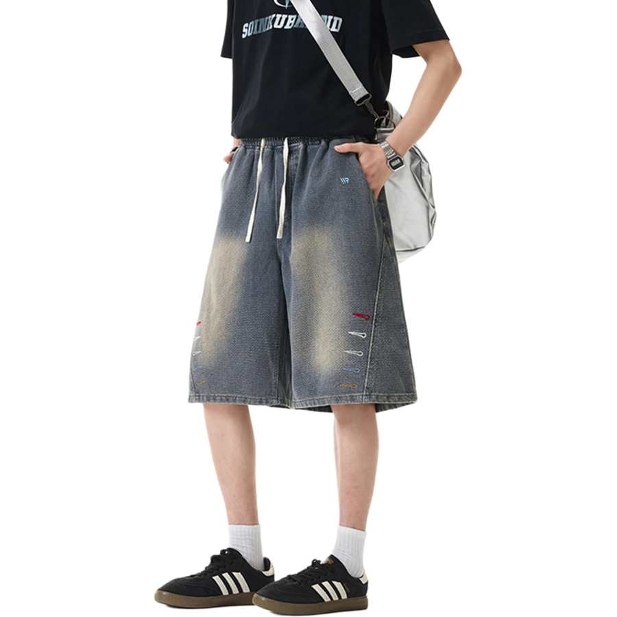 WARRIOR Denim Shorts Unisex Blue DIY Badge Thin Wide Leg Pants