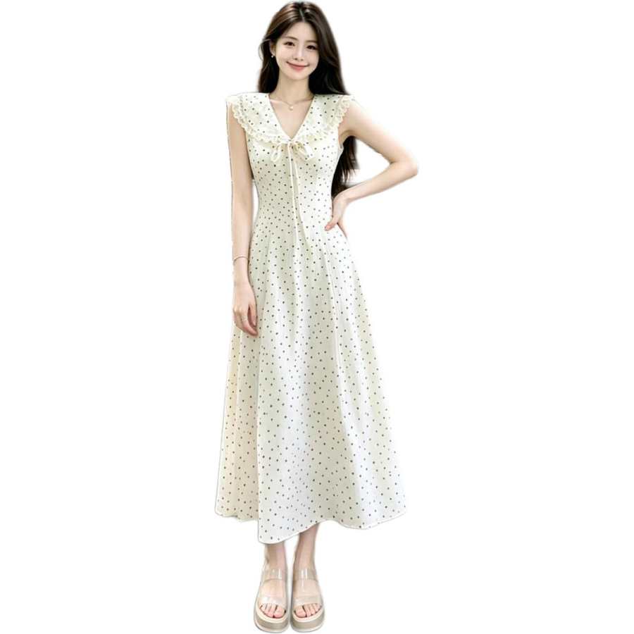 JBBCN Sleeveless Dresses Women's Apricot Base With Black Lapel Thin Long Skirt A Line Skirt