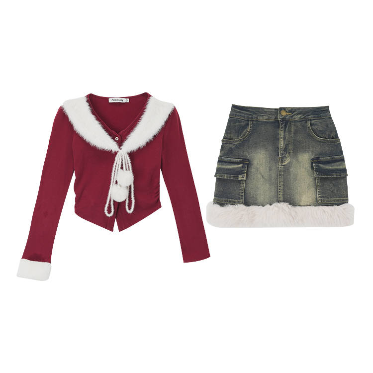 FABRIC PIG Two Piece Skirt Sets Women's Burgundy Peter Pan Collar Thickened Short Skirt