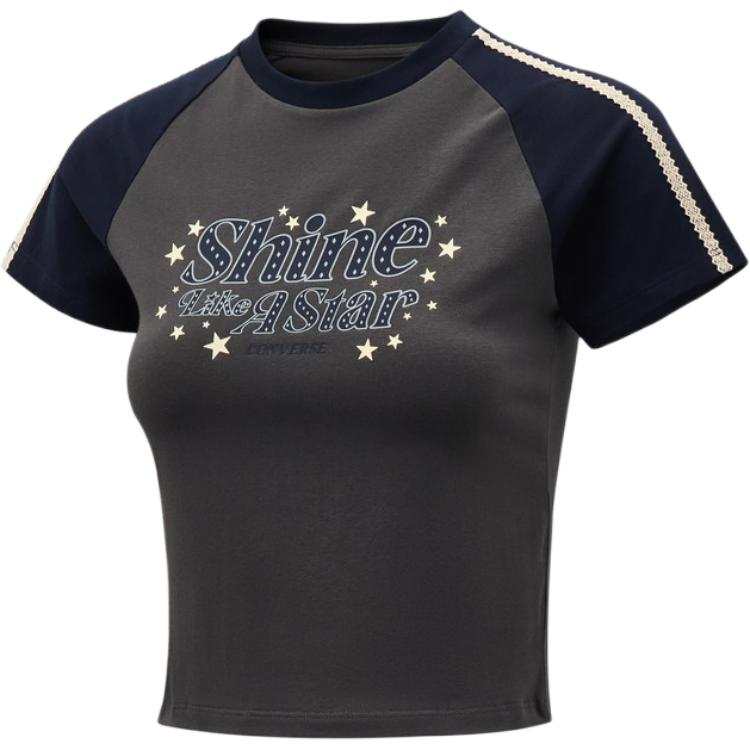 Converse T Shirts Women's Gray/Navy Blue Crew Neck Moderate Straight Fit