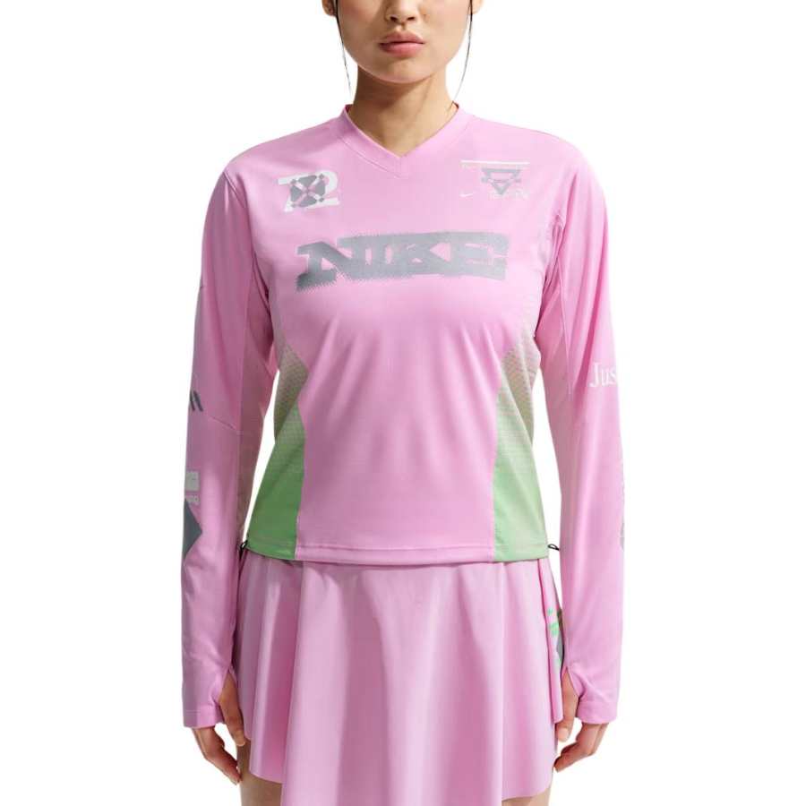 Nike Nike Running T Shirts Women's Pink Rising/Iridescent Green/Sail White V Neck