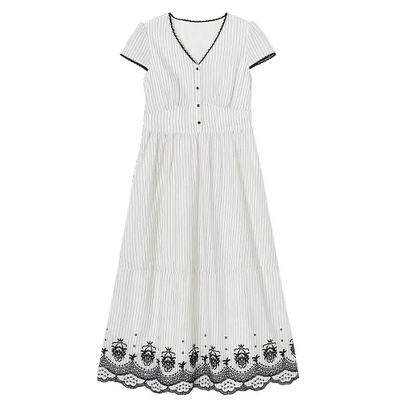 XIANGYING Short Sleeved Dresses Women's Black White V Neck Thin Midi Skirt