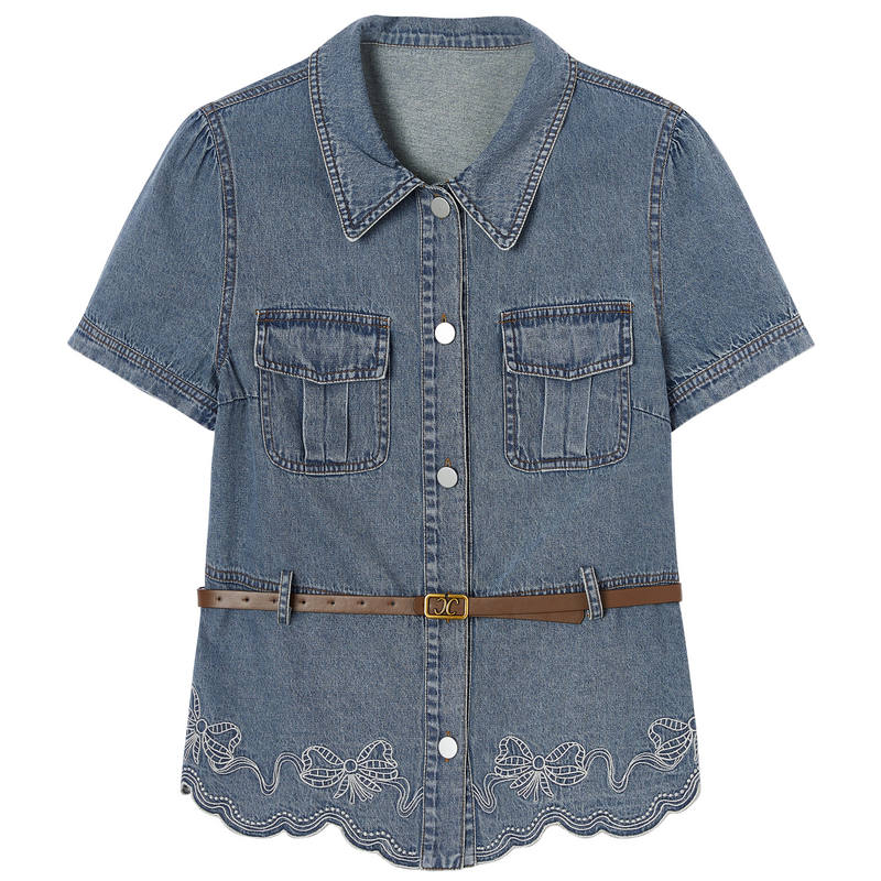 XIANGYING Cropped Coats Women's Denim Blue Lapel Thin