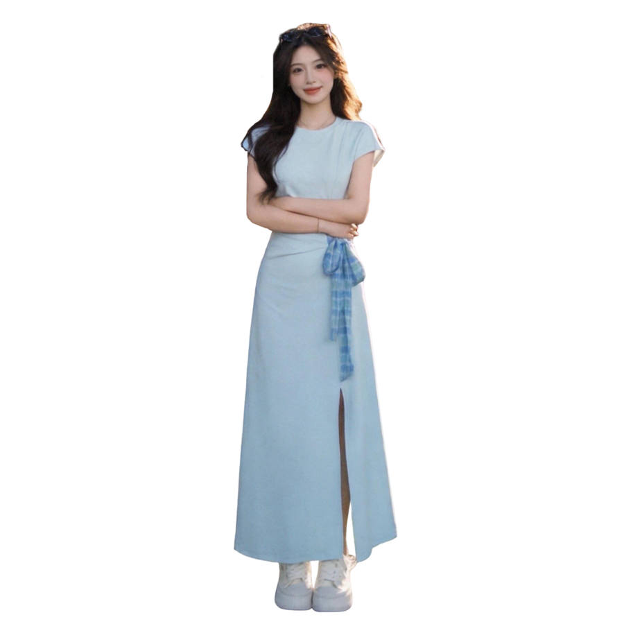 JBBCN Short Sleeved Dresses Women's Blue Crew Neck Thin Long Skirt Other