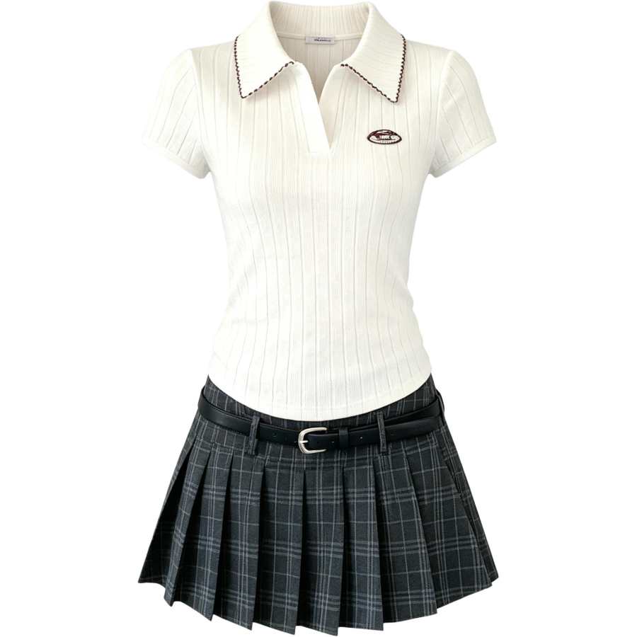 Sugarfunk Two Piece Skirt Sets Women's Lapel Moderate Short Skirt
