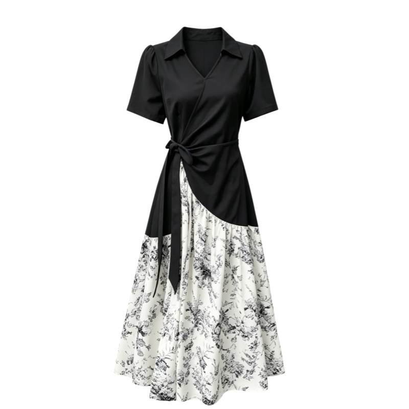 CPAURA Short Sleeved Dresses Women's Black Lapel Moderate Long Skirt A Line Skirt
