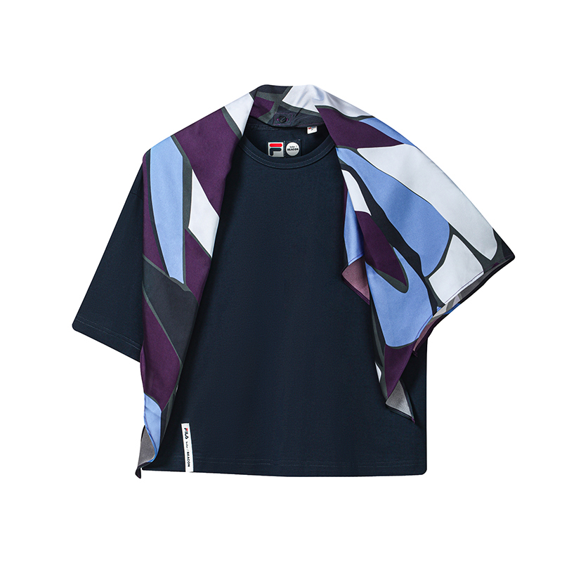FILA X Kolor BEACON T Shirts Women's Serene Void Blue Crew Neck Moderate Straight Fit