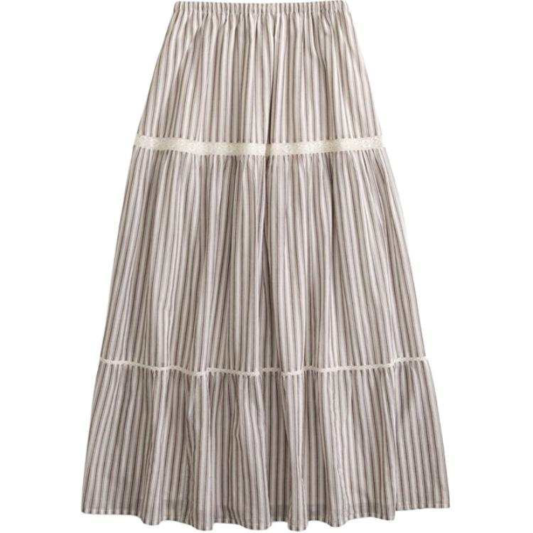 Abercrombie&Fitch Casual Long Skirts Women's Brown Stripes Moderate Midi Skirt A Line Skirt