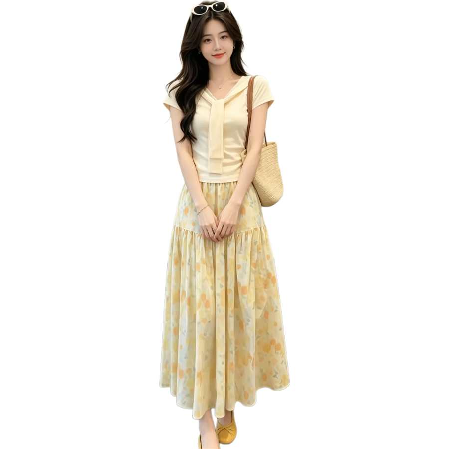 JBBCN Two Piece Skirt Sets Women's V Neck Thin Long Skirt