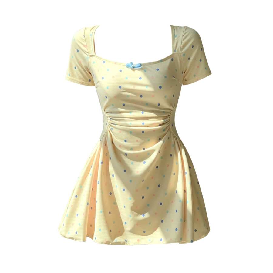 Sugarfunk Two Piece Swimsuits Women's Custard Polka Dot Thin Midi Dress Square Leg Two Piece Swimsuit