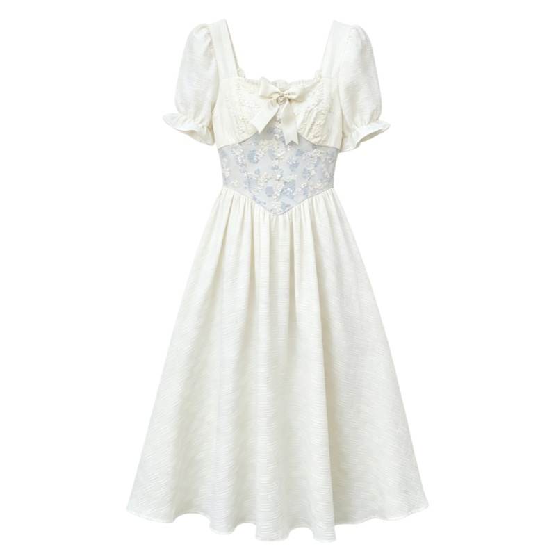 CPAURA Short Sleeved Dresses Women's Apricot Jacquard Skirt Square Collar Moderate Long Skirt A Line Skirt