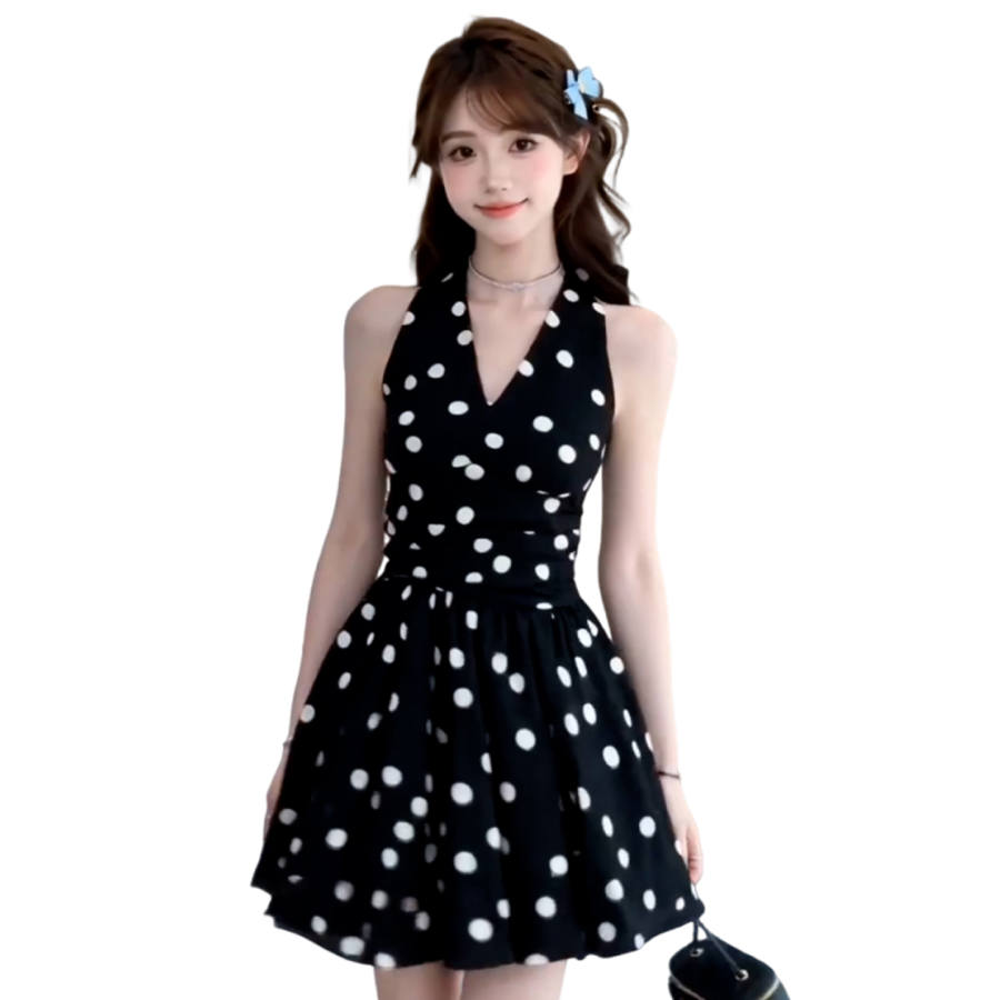 JBBCN Slip Dresses Women's Black With White Polka Dot Thin Short Skirt A Line Skirt